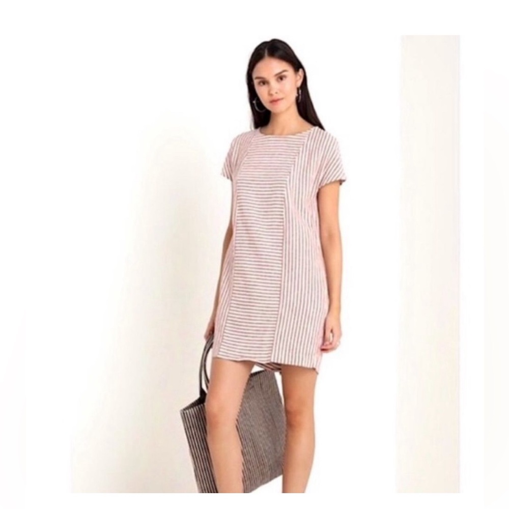EUC Madewell Linen Blend Stripe-Play Button Back Dress style G5305